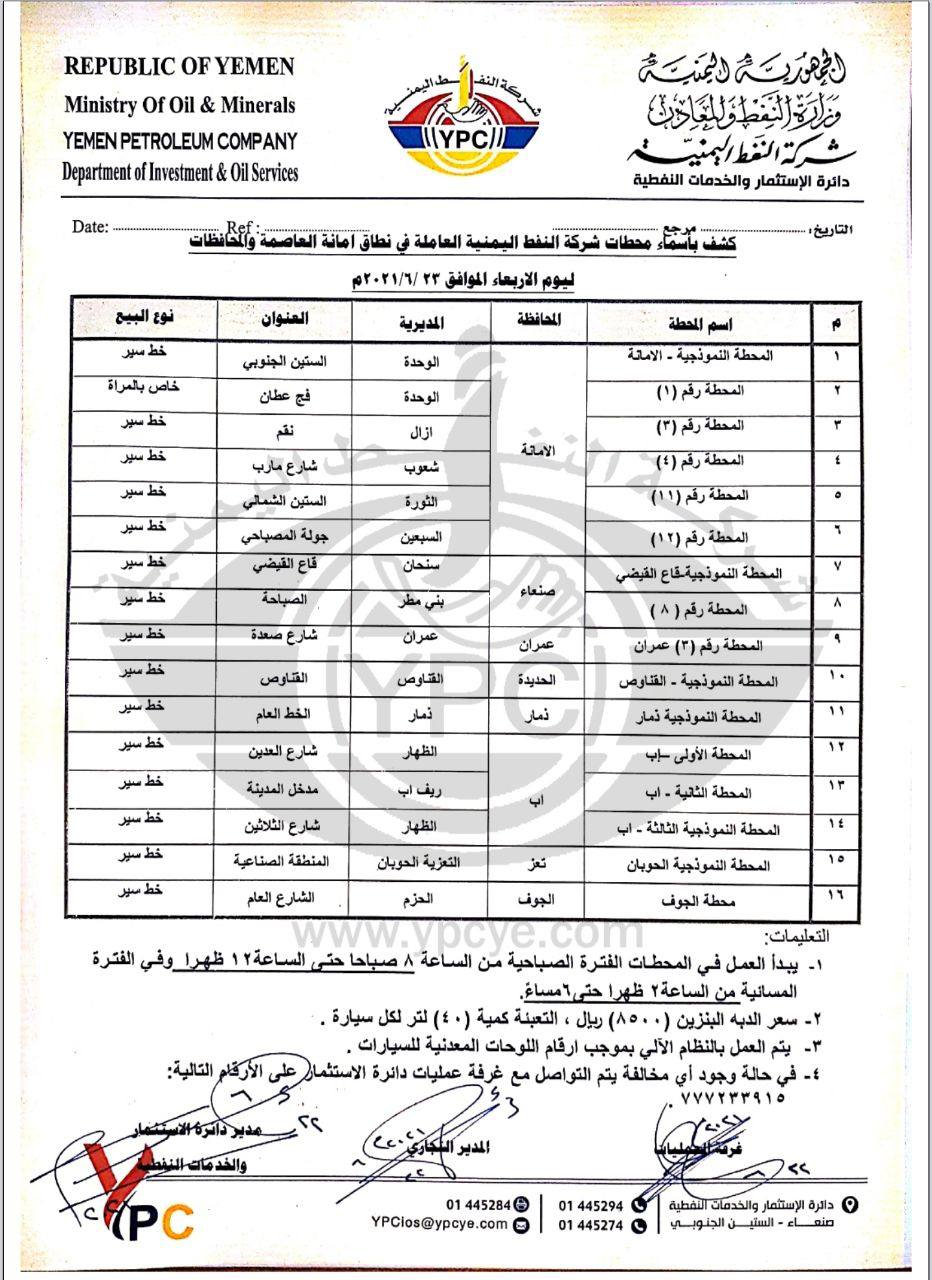 محطات الوقود التابعة لشركة النفط العاملة في الأمانة ومحافظات حكومة صنعاء- الاربعاء